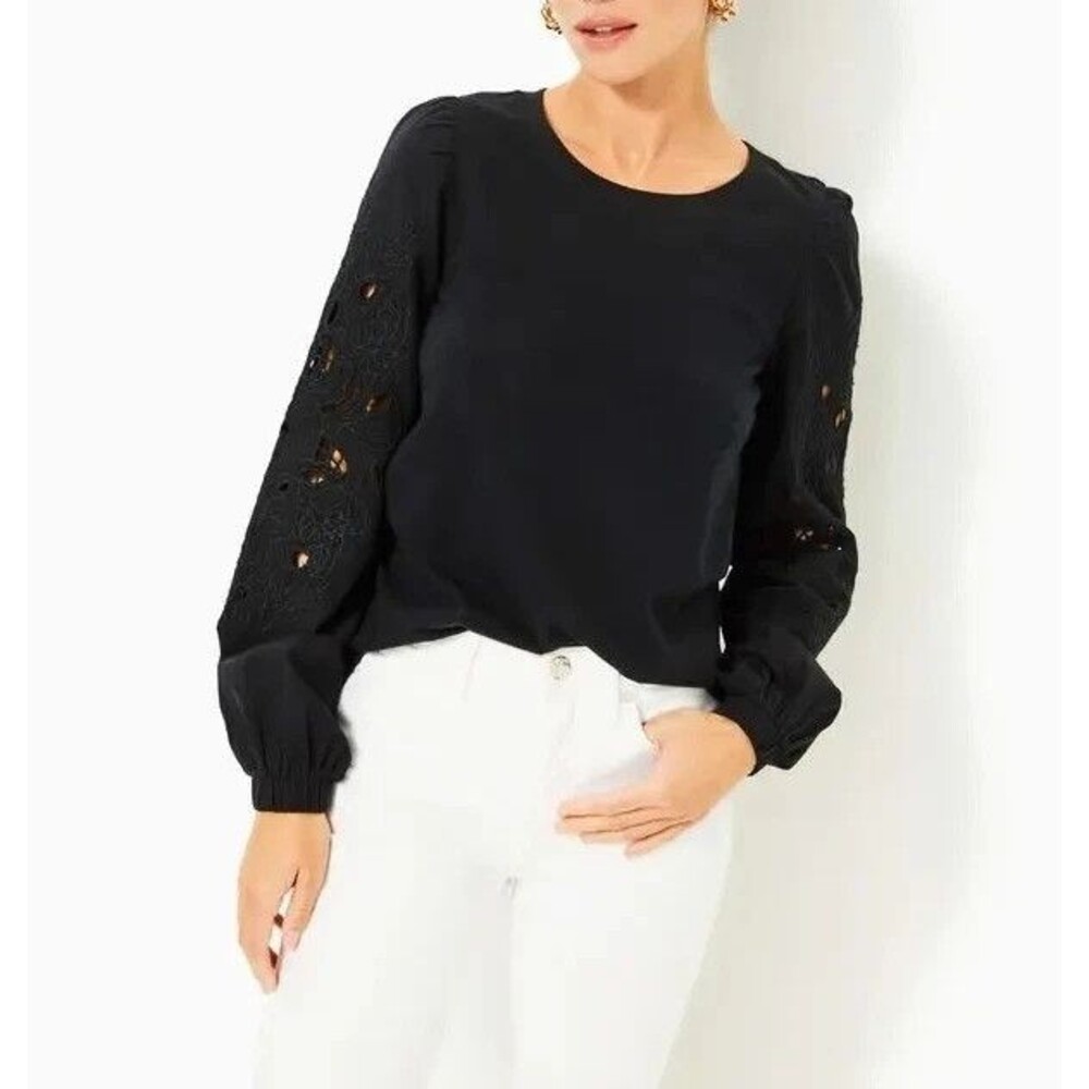 Lilly Pulitzer Isley Knit Eyelet Embroidered Top Blouson Sleeves Black L 288033